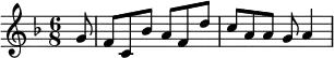 { \key f \major \time 6/8 \partial 8  g'8 f' c' bes' a' f' d'' c'' a' a' g' a'4 }