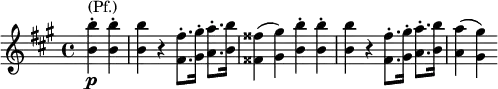 { \key fis \minor \time 4/4 \relative c' { \partial 2 <b' b'>-.\p^\markup { (Pf.)} <b b'>-. <b b'> r <fis fis'>8.-. <gis gis'>16-. <a a'>8.-. <b b'>16 <fisis fisis'>4( <gis gis'>) <b b'>-. <b b'>-. <b b'> r <fis fis'>8.-. <gis gis'>16-. <a a'>8.-. <b b'>16 <a a'>4( <gis gis'>) } }