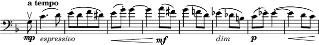 
\relative c' \new Staff \with { \remove "Time_signature_engraver" } {
 \key f \major \time 2/4 \tempo "a tempo" \partial 8 \clef bass
  g8\upbow \mp c4._\markup \italic espressivo ( d8) e( [ d f dis] ) e\< ( g-.) g4~
  g a8\mf( fis) g4( f!8 d) es4_\markup \italic dim ( des8 b) c\p ( es-.) es4~ ( es\< d8 c\! )
}

