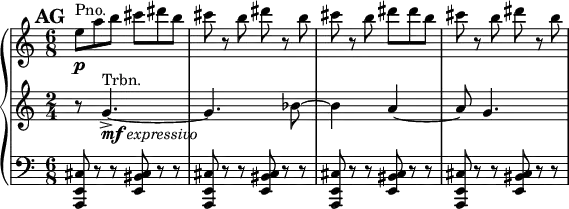 \version "2.14.1"
\relative c {
\new PianoStaff <<
\new Staff {
\set Score.tempoHideNote = ##t
\tempo 4 = 184
\set Score.markFormatter = #format-mark-box-numbers
\mark #32
\time 6/8
e''8^"Pno."\p a b cis dis b
cis8 r b dis r b
cis8 r b dis dis b
cis8 r b dis r b
}
\new Staff {
\time 6/8
\set Staff.timeSignatureFraction = 2/4
\scaleDurations 3/2 {
r8 g,4.~^"Trbn."_\markup{\dynamic{mf} \italic{expressivo}}-> g bes8~ bes4 a~ a8 g4.
}
}
\new Staff {
\time 6/8
\clef bass
<a,,, e' cis'>8 r r <e' bis' cis> r r
<a, e' cis'>8 r r <e' bis' cis> r r
<a, e' cis'>8 r r <e' bis' cis> r r
<a, e' cis'>8 r r <e' bis' cis> r r
}
>>
}