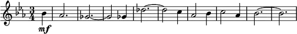  \relative g' { \key c \minor \time 3/4 \partial 4 bes\mf | as2. | ges2.~ | ges2 ges4 | des'2.~ | des2 c4 | as2 bes4 | c2 as4 | bes2.~ | bes2. }