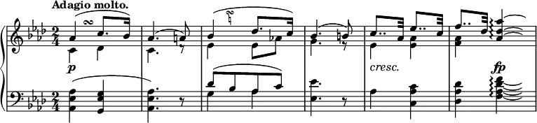
 \relative c' {
  \new PianoStaff <<
   \new Staff { \key aes \major \time 2/4 \tempo "Adagio molto."
    <<
     {
      \override TextScript #'avoid-slur = #'inside
      \override TextScript #'outside-staff-priority = ##f
      aes'4^\markup
       \override #'(baseline-skip . 1) {
        \halign #-4
        \small \musicglyph #"scripts.turn"
        }
       ( c8. bes16) aes4.( a8) bes4^\markup
       \override #'(baseline-skip . 1) {
        \halign #-6
        \teeny \center-column {
         \musicglyph #"scripts.turn"
         \natural
        }
       }
      ( des8. c16) bes4.( b8)
      c8.. aes32 es'8.. c32 f8.. des32 <aes'~ des,~ aes~>4*7/8\arpeggio \hideNotes <aes des, aes>32
     }
    \\
     { c,,4 des c4. d8\rest es4 es8 aes! g4. e8\rest es4 <aes es> <aes f> s4 }
    >>
   }
   \new Dynamics {
    s4\p s s2 s s s8\cresc s\! s4 s s\fp
   }
   \new Staff { \key aes \major \time 2/4 \clef bass
    <<
     {
      \stemDown <aes, es aes,>4( \stemUp <g es g,> \stemDown <aes es aes,>4.) d,8\rest
      \stemUp des'8[( bes aes c)]
     }
    \\
     {
      s2 s g4 aes <es' es,>4. d,8\rest
      aes'4 <c aes c,> <des aes des,> <f~ des~ aes~ f~>4*7/8\arpeggio \hideNotes <f des aes f>32
     }
    >>
   }
  >>
 }
