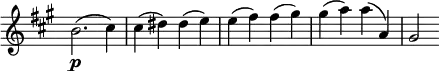 
\relative c'' \new Staff \with { \remove "Time_signature_engraver" } {
 \key a \major \time 4/4 \set Score.tempoHideNote = ##t \tempo "" 4=140
 b2.\p( cis4) cis( dis) dis( e) e( fis) fis( gis) gis( a) a( a,) gis2
}
