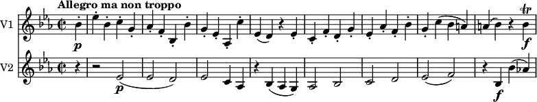 
<< \new Staff \with { instrumentName = #"V1 "}
    \relative c'' {
    \version "2.18.2"
    \key ees \major 
    \tempo "Allegro ma non troppo"
    \time 2/2
    \tempo 4 = 220
  \partial 4 bes4-.\p ees-. bes-. c-. g-. 
  aes-. f-. bes,-. bes'-.
  g-. ees-. aes,-. c'-.
  ees, (d) r ees-.
  c-.  f-. d-. g-.
  ees-. aes-. f-. bes-.
  g-. c (bes a)
  a (bes) r bes \f \trill
}
\new Staff \with { instrumentName = #"V2 "} \relative c' {
    \key ees \major 
    \partial 4
   r4 r2
   ees2 \p (ees d)
   ees c4 aes
   r bes (aes g)
   aes2 bes c d ees (f)
   r4 bes,\f bes' (aes!)
 }
>>
