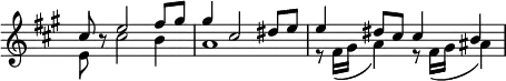 \relative c'
\new Staff \with { \remove "Time_signature_engraver" } {
\key fis \minor \time 4/4
<<
{
\voiceOne
cis'8 b8\rest e2 fis8 gis gis4 cis,2 dis8 e e4 dis8 cis cis4 b4
}
\new Voice
{
\voiceTwo
e,8 s8 cis'2 b4 a1 r8 fis16( gis a4) r8 fis16( gis ais4)
}
>>
}