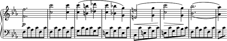 
 \relative c' {
  \new PianoStaff <<
   \new Staff \with { \remove "Time_signature_engraver" } { \key c \minor \time 3/4
    \override Score.NonMusicalPaperColumn #'line-break-permission = ##f
    <f' f,>2. <c' c,>2 <c c,>4 <c c,>( <b b,> <des des,> <c c,> <bes! bes,!> <g g,>)
    <e e,>2( <g g,>4 <c c,>2 <g g,>4) <bes bes,>2.( _\( <aes aes,>4) \)
   }
   \new Dynamics {
    s2.\p s s s s\< s2\> s4\!
   }
   \new Staff \with { \remove "Time_signature_engraver" } { \key c \minor \time 3/4 \clef bass
    f,,8 c' aes c f, c' | f, c' aes c f, c' | g c bes c g c | e, c' g c e, c' |
    c, c' e, c' g c | e, c' g c bes c | f, c' aes c f, c' | f,[ \set stemRightBeamCount = 1 c']
   }
  >>
 }
