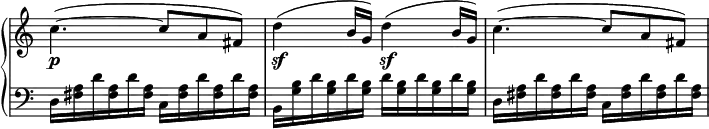 
 \relative c' {
  \new PianoStaff <<
   \new Staff \with { \remove "Time_signature_engraver" } { \key c \major \time 6/8
    c'4.~( c8 a fis) d'4( b16 g) d'4( b16 g) c4.~( c8 a fis)
   }
   \new Dynamics {
    s2.\p s4.\sf s\sf
   }
   \new Staff \with { \remove "Time_signature_engraver" } { \key c \major \time 6/8 \clef bass
    d,16 <a' fis> d <a fis> d <a fis> c, <a' fis> d <a fis> d <a fis>
    b, <b' g> d <b g> d <b g> d <b g> d <b g> d <b g>
    d, <a' fis> d <a fis> d <a fis> c, <a' fis> d <a fis> d <a fis>
   }
  >>
 }
