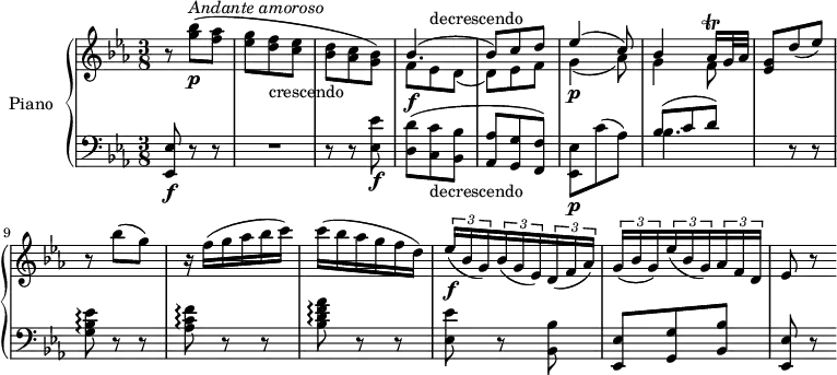 
\version "2.18.2"
\header {
  tagline = ##f
}
upper = \relative c' {
  \clef treble 
  \key ees \major
  \time 3/8
  \tempo "Andante amoroso"
  \tempo 4 = 35

   r8 <g'' bes>8 \p ^\markup{ \italic { Andante amoroso} } (<f aes> <ees g> <d f> _\markup { crescendo} <c ees> <bes d> <aes c> <g bes>)
   <<{\stemDown f8 \f ees ^ \markup {decrescendo} d _ (d) ees f g4  \p  _(aes8) g4 f8 } \\ 
   { \stemUp bes4. ^(bes8) c d ees4 ^(c8) bes4 aes16  ^\trill g32 aes}>>
   <ees g>8 d'(ees)
   r bes' (g)
   r16 f (g aes bes c)
   c (bes aes g f d)
   \tuplet 3/2 {ees16 \f (bes g)}  \tuplet 3/2 {bes (g ees)}  \tuplet 3/2 {d (f aes)}
   \tuplet 3/2 {g (bes g)}  \tuplet 3/2 {ees'16 (bes g)}  \tuplet 3/2 {aes f d}
   ees8 r
}

lower = \relative c {
  \clef bass
  \key ees \major
  \time 3/8
  <ees, ees'>8\f r r R1*3/8 r8 r <ees' ees'>  \f
  <d d'> (<c c'> _\markup {decrescendo} <bes bes'> <aes aes'> <g g'> <f f'>)
  <ees ees'>  \p c'' (aes)
   <<{\stemDown bes4. } \\ {  \stemUp bes8 ^ (c d)}>>
  s8 r r
  <g, bes ees>8 \arpeggio r r
  <aes c f>8 \arpeggio r r
  <bes d f aes>8 \arpeggio r r
  <ees, ees'> r <bes bes'>
  <ees, ees'> <g g'> <bes  bes'>
  <ees, ees'> r
} 

\score {
  \new PianoStaff <<
    \set PianoStaff.instrumentName = #"Piano"
    \new Staff = "upper" \upper
    \new Staff = "lower" \lower
  >>
  \layout {
    \context {
      \Score
      \remove "Metronome_mark_engraver"
    }
  }
  \midi { }
}
