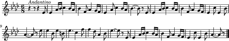 {
\set Staff.midiInstrument = #"acoustic grand" \key aes \major \time 6/8 \relative a' {
\(^\markup { \italic { Andantino } } r4 r8 r4 ees8 ees4 aes16 bes c4 bes16 aes bes4 f8 aes4 g16 f ees4 aes8 c4 bes16 aes bes4.~ bes8 r
ees,8 ees4 aes16 bes c4 bes16 aes bes4 f8 aes4 g16 f ees4 c'8 ees,4 bes'8 aes4.~ aes8 r
ees'8 ees4 bes8 ees4 b8 ees4. c4 f8 f4 des8 aes4 bes8 ees4.~ ees8 r
ees,8 ees4 aes16 bes c4 bes16 aes bes4 f8 aes4 g16 f ees4 c'8 ees,4 bes'8 aes4.~ aes8 r \bar "|."
}
}
\midi {
\tempo 8=100
}