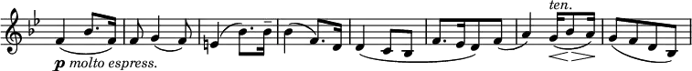 
\relative c' \new Staff \with { \remove "Time_signature_engraver" } {
 \key bes \major \time 2/4
  f4_\markup { \dynamic p \italic { molto espress. } } ( bes8. f16) f8 g4( f8) e4( bes'8.) bes16-- bes4( f8.) d16
  d4( c8 bes f'8.[ es16 d8) f]( a4) g16^\markup \italic ten. \<( bes8\> a16\!) g8[( f d bes)]
}
