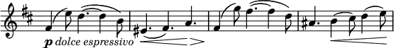\relative c' \new Staff \with { \remove "Time_signature_engraver" } {
\key b \minor \time 9/8 \set Score.tempoHideNote = ##t \tempo "" 4.=88
fis4_\markup { \dynamic p \italic { dolce espressivo } } ( e'8) d4.(~ d4 b8) eis,4.\< ( fis) a\>
fis4\! ( g'8) fis4.(~ fis4 d8) ais4. b4\< ( cis8) d4( e8\! )
}