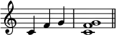 {\omit Staff.TimeSignature \time 3/4 c'4f'g' \time 4/4 <c'f'g'>1 \bar "||"}