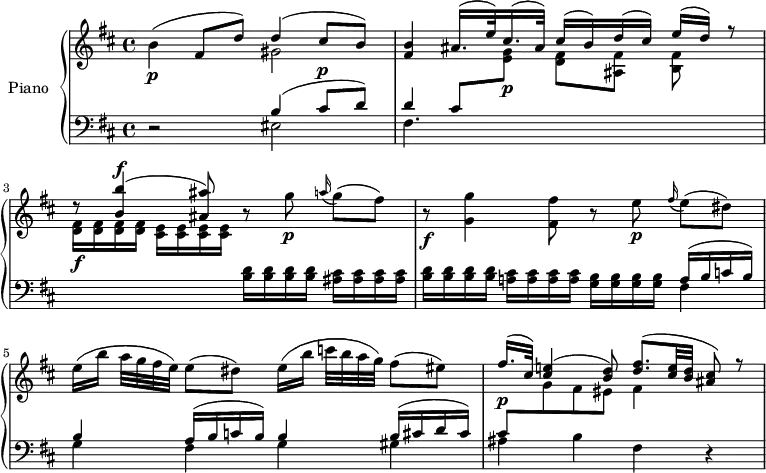 
\version "2.14.2"
\header {
  tagline = ##f
}
upper = \relative c'' {
  \clef treble 
  \key b \minor
  \time 4/4
  \tempo 4 = 30
  \tempo "Adagio"
  %\autoBeamOff

   b4(\p fis8 d') 
   << { d4( cis8 b) } \\ { gis2 } >>
   << { < b fis >4 \stemUp ais16.^( e'32) cis16.^( ais32) cis16^( b) d^( cis) e^( d) r8 } 
   \\ 
      { \change Staff = "lower" \stemUp d,4) cis8  \change Staff = "upper" \stemDown < g' e >8]\p % voix du dessous
   \stemDown < fis d >[  < fis ais, >] < fis b, >  } 
   >>
   \stemUp r8 < b' b, >4^\f^( < ais ais, >8) r8
   \stemDown g8\p \grace a16( g8)[^( fis)] 
   r8\f <g g, >4 < fis fis, >8 r8 \stemDown e8\p \grace fis16(e8)[^( dis)]
   e16([ b'] a32 g fis e) e8( dis) e16([ b'] c!32 b a g) fis8( eis) 
   << { fis16.\p( cis32) < e! cis >4( < d b >8) < fis d >8.^( < e cis >32 < d b > < cis ais >8) r8 } 
   \\ 
      { \change Staff = "lower" \stemUp cis,8 \change Staff = "upper" \stemDown g'8 fis eis fis4 } % voix du dessous
   >>
   
}

lower = \relative c {
  \clef bass
  \key b \minor
  \time 4/4
    
   r2 << { b'4( cis8^\p d) } \\ { eis,2 } >>
   fis4. 
   s2 s8 % la voix est au dessus
   \change Staff = "upper" \stemDown
   < fis' d >16\f \repeat unfold 3 { < fis d >16 }
   \repeat unfold 4 { < e cis >16 }
   \change Staff = "lower"
   \repeat unfold 4 { < d b >16 }
   \repeat unfold 4 { < cis ais >16 }
   \repeat unfold 4 { < d b >16 }
   < cis a! >16 \repeat unfold 3 { < cis a >16 }
   \repeat unfold 4 { < b g >16 }
   \repeat unfold 2 { << { a16^( b c b) b4 } \\ { fis4 g } >> }
   << { b16^( cis d cis) } \\ { gis4 } >>
   ais4 b fis r4
   
} 

\score {
  \new PianoStaff <<
    \set PianoStaff.instrumentName = #"Piano"
    \new Staff = "upper" \upper
    \new Staff = "lower" \lower
  >>
  \layout {
    \context {
      \Score
      \remove "Metronome_mark_engraver"
    }
  }
  \midi { }
}
