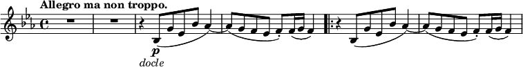 
\relative c' {
 \key es \major \time 4/4 \set Score.tempoHideNote = ##t \tempo "Allegro ma non troppo." 4=108
 R1 R r4_\markup \italic docle bes8\p ( [ g' es bes'] aes4) ~
 aes8(  g f es f-.) f16( g f4) \bar ".|:"
 r4 bes,8( [ g' es bes'] aes4) ~ aes8( g f es f-.) f16( g f4)
}
