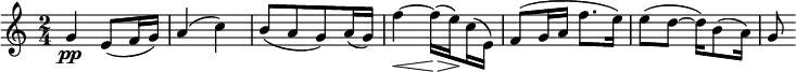 
\relative c' {
\key c \major
\time 2/4
\tempo ""
\tempo 4 = 36
\set Staff.midiInstrument = "string ensemble 1"
g'\pp e8 ( f16 g )
a4 ( c )
b8 [ ( a g ) a16 ( g ) ]
  \set subdivideBeams = ##t
  % Set beam sub-group length to an eighth note
  \set baseMoment = #(ly:make-moment 1/8)
  \set beatStructure = 2,2,2,2
f'4~\< f16\!\> ( e\! ) c ( e, )
f8 ( g16 a f'8. e16 )
e8 ( d~ d16 ) b8 ( a16 )
g8
}
