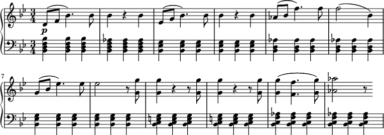 \relative b' {
\new PianoStaff <<
\new Staff { \key g \minor \time 3/4
\set Score.tempoHideNote = ##t \tempo "" 2. = 56
d,8( f bes4.) bes8 bes4 r bes ees,8( g bes4.) bes8 bes4 r bes aes8( bes f'4.) f8 f2( bes,4) g8( bes ees4.) ees8 ees2 r8 <g g,> <g g,>4 r r8 <g g,> <g g,>4 r r8 <g g,> <g g,>4( <f f,>4. <g g,>8) <aes aes,>2 r8
}
\new Dynamics {
s\p
}
\new Staff { \key g \minor \time 3/4 \clef bass
<bes,,, d f bes>4 <bes d f bes> <bes d f bes> <bes d f aes> <bes d f aes> <bes d f aes> <bes ees g> <bes ees g> <bes ees g> <bes ees g> <bes ees g> <bes ees g> <bes d aes'> <bes d aes'> <bes d aes'> <bes d aes'> <bes d aes'> <bes d aes'> <bes ees g> <bes ees g> <bes ees g> <bes ees g> <bes ees g> <bes ees g> <bes c e g> <bes c e g> <bes c e g> <bes c e g> <bes c e g> <bes c e g> <bes c f aes> <bes c f aes> <bes c f aes> <bes c f aes> <bes c f aes> <bes c f aes>
}
>>
}