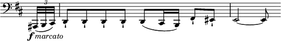  \new Staff \with { \remove "Time_signature_engraver" } \relative b,, {\clef bass \key b \minor
\time 2/2 \partial16 \tuplet 3/2 {ais32_\markup {\right-align \dynamic f \italic {marcato} }( b cis)} d8-! d-! d-! d-! d( cis16 b) \stemUp fis'8-![ eis]-! e2 ~ e8}