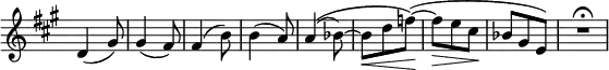\relative c' \new Staff \with { \remove "Time_signature_engraver" } {
\key fis \minor \time 3/8
d4( gis8) gis4( fis8) fis4( b8) b4( a8) a4( \( bes8)~ bes\< d f\! \) (~ f\> e cis\! bes gis e) R2*3/4\fermata }