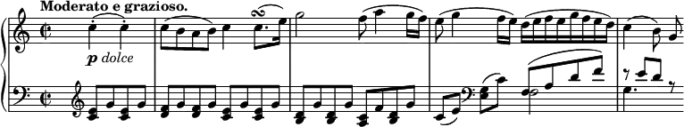 
\relative c'' {
  \new PianoStaff <<
   \new Staff {
    \key c \major \time 2/2 \set Score.tempoHideNote = ##t
    \tempo "Moderato e grazioso." 4=128 \partial 2.
    s4 c-._\markup { \dynamic p \italic dolce } ( c-.)
    c8( b a b) c4 c8.\turn ( e16) g2 f8( a4 g16 f)
    e8( g4 f16 e) d( e f e g f e d) c4( \once \autoBeamOff b8) g
   }
   \new Staff {
    \key c \major \time 2/2 \clef bass
    s4 \clef treble <e c>8 g <e c> g <f d> g <f d> g <e c> g <e c> g
    <d b> g <d b> g <c, a> f <d b> g c,[ ( e) ] \clef bass <g, e>( c)
    << { f,( a d f) r e d r } \\ { f,2 g4. s8 } >> 
   }
  >>
 }

