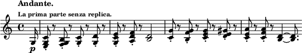 
 \relative c' \new Staff { \key c \major \time 4/4 \partial 16
  \tempo \markup {
   \column {
    \line { Andante. }
    \line \tiny { La prima parte senza replica. }
   }
  }
  g16\p <c g e>8-. r <b g f>-. r <c g>-. r <d g,>-. r <e c g>-. r <f d a>-. r <d b>2
  <g c,>8-. r <g f b,>-. r <g e c>-. r <gis e d>-. r <a e c>-. r <a f c>-. r <d,~ b~>4 <d b>8.
 }

