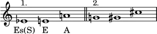 \relative c' {
\new PianoStaff <<
\new Staff \with { \remove "Time_signature_engraver" }
{ \key c \major \time 3/1 ees1^\markup {1.} e a! \bar "||" g!^\markup {2.} gis cis \bar "|" }
\addlyrics {Es(S) E A}
>> }