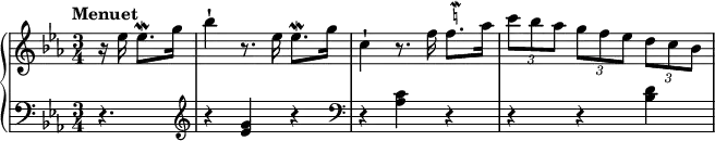 \relative c'' {
\new PianoStaff <<
\new Staff { \key es \major \time 3/4 \partial 4. \tempo "Menuet"
r16 es es8.\mordent g16 bes4-! r8. es,16 es8.\mordent g16 c,4-! r8. f16 f8.(^\markup
\teeny \override #'(baseline-skip . 1) {
\null \halign #-0
\center-column {
\musicglyph #"scripts.mordent"
\natural
}
}aes16 \times 2/3 {c8 bes aes} \times 2/3 {g f es} \times 2/3 {d c bes}
}
\new Staff { \key es \major \time 3/4 \partial 4. \clef bass
r4. \clef treble r4 <es, g> r \clef bass r <aes, c> r r r <bes d>
}
>>
}