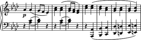 \relative c' {
\new PianoStaff <<
\new Staff \with { \remove "Time_signature_engraver" } { \key f \minor \time 2/4
aes'4\p aes( g8 f es4) <c' aes> <c aes>( <bes g>8 <aes f> <g es>4)
<es' c> <es c>( <des bes> <c aes> <bes g> <c aes> <bes g> <c g>)
}
\new Staff \with { \remove "Time_signature_engraver" } { \key f \minor \time 2/4 \clef bass
r4 <c, aes>( _\( <des bes>) \) r r <c aes>( _\( <des bes>) \) r r <aes, aes,>( <bes bes,> <c c,> <des des,> <d d,> <es es,> <e e,>)
}
>>
}