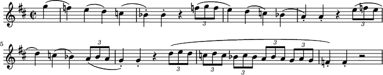
\relative c''' { 
  \transpose bes c'
  %\set Staff.midiInstrument = #"clarinet"
  \key c \major
  \time 2/2
  \once \omit Score.MetronomeMark \tempo 2 = 54
  \partial4 g4( f) e( d) c( bes-.) 
    \once \omit Score.MetronomeMark \tempo 2 = 72
  bes-. r4 \tuplet 3/2 { f'8( g f } e4) d( c) bes( a-.)  
    \once \omit Score.MetronomeMark \tempo 2 = 88
  a-. r4 \tuplet 3/2 { e'8( f e } d4) c( bes) \tuplet 3/2 { a8( bes a } g4-.)
    \once \omit Score.MetronomeMark \tempo 2 = 100
  g-. r4 \tuplet 3/2 { d'8( e d } \tuplet 3/2 { [c8 d c] } \tuplet 3/2 { bes c bes } 
  \tuplet 3/2 { [a bes a] }   \tuplet 3/2 { g a g } f4-.) f-.\stopTextSpan r2
}
