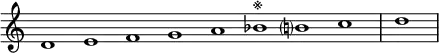 \relative c' {
\new Staff \with { \remove "Time_signature_engraver" }
{ \key a \minor \time 1/1 \cadenzaOn d1 e f g a bes^\markup{※} b? c \bar "|" d \bar"|"}
}