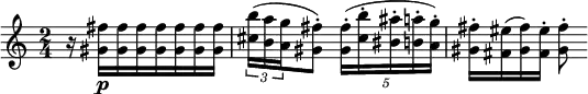 
{ \key c \major \time 2/4 \relative c''
{
\once \omit Score.MetronomeMark \tempo 4 = 94
r16
<gis fis'>\p
[<gis fis'>
<gis fis'>
<gis fis'>
<gis fis'>
<gis fis'>
<gis fis'>]
\tuplet 3/2 { <cis b'>16 (<b a'> <a g'> }
<gis fis'>8-.)
\once \omit Score.MetronomeMark \tempo 4 = 80
\tuplet 5/4 { <gis fis'>16-. [(<cis b'>-. <bis ais'>-. <b a'>-. <a g'> -.)]}
\once \omit Score.MetronomeMark \tempo 4 = 94
<gis fis'>-.\<
<fis eis'>
(<gis fis'>)
<fis eis'>-.
<gis fis'>8-.|
}
}
