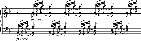 
 \relative c' {
  \new PianoStaff <<
   \new Staff \with { \remove "Time_signature_engraver" } { \key bes \major \time 2/4 \partial 4
    <<
     {
      b'8\rest a32_\markup { \dynamic p \italic cresc. } ( f' a16)~ <a f>8 a,32[( f' a16)]~ <a f>8
      a,32[( f' a16)]~ <a f>8 a,32[( f' a16)]
     }
    \\
     {
      \autoBeamOff
      s8 s32 f32~ f16~ \hideNotes f8 \unHideNotes
      s32 f32~ f16~ \hideNotes f8 \unHideNotes
      s32 f32~ f16~ \hideNotes f8 \unHideNotes
      s32 f32~ f16
     }
    \\
     {
      \autoBeamOff s8 \stemDown a,8_\( \once \override NoteColumn #'force-hshift = #0.1 a\)
      a_\( \once \override NoteColumn #'force-hshift = #0.1 a\)
      a_\( \once \override NoteColumn #'force-hshift = #0.1 a\) a
     }
    >>
   }
   \new Staff \with { \remove "Time_signature_engraver" } { \key bes \major \time 2/4 \partial 4 \clef bass
    <<
     {
      a,,32_\markup { \dynamic p \italic cresc. }[ ( f' a16)]~ <a f>8 bes,32[( f' a16)]~ <a f>8
      c,32[( f a16)]~ <a f>8 d,32[( f a16)]~ <a f>8
     }
    \\
     {
      \autoBeamOff
      s32 f32~ f16~ \hideNotes f8 \unHideNotes
      s32 f32~ f16~ \hideNotes f8 \unHideNotes
      s32 f32~ f16~ \hideNotes f8 \unHideNotes
      s32 f32~ f16~ \hideNotes f8
     }
    \\
     {
      \autoBeamOff \stemDown a,8_\( \once \override NoteColumn #'force-hshift = #0.1 a\)
      bes_\( \once \override NoteColumn #'force-hshift = #0.1 bes\)
      c_\( \once \override NoteColumn #'force-hshift = #0.1 c\)
      d_\( \once \override NoteColumn #'force-hshift = #0.1 d\)
     }
    >>
   }
  >>
 }
