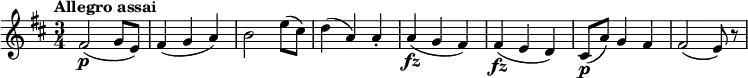 \version "2.18.2"
\relative c'' {
\key d \major
\time 3/4
\tempo "Allegro assai "
\tempo 4 = 146
fis,2\p (g8 e)
fis4 (g a)
b2 e8 (cis)
d4 (a) a-.
a\fz (g fis)
fis\fz (e d)
cis8\p (a') g4 fis
fis2 (e8) r
}