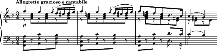 
\relative c' {
 \new PianoStaff <<
  \new Staff { \key f \major \time 3/4 \tempo "Allegretto grazioso e cantabile"
   <<
    {
     f'4 e \acciaccatura e8 d16( cis d e) f4 e \acciaccatura e8 d16( cis d e)
     f8[ e d c bes8. a16] a4( g)
    }
   \\
    {
     r8 <c a f>[ r <c a f> r <d bes f>] r <c! a f>[ r <c a f> r <d bes f>]
     r <c! a f>[ r <a f> r <fis d>] r <fis d>[ r d]
    }
   >>
  }
  \new Dynamics {
   s1-\markup \dynamic p
  }
  \new Staff { \key f \major \time 3/4 \clef bass
   <<
    { s2. s s2 d8. c16 c4( bes) }
   \\
    {
     <a c, f,>8[ d,\rest <c' f, a,> d,\rest <bes' f bes,>] d,\rest
     <a' c, f,>[ d,\rest <c' f, a,> d,\rest <bes' f bes,>] d,\rest
     <a' c, f,>[ d,\rest <c' f, a,>] d,\rest d8. g,16\rest g'2
    }
   >>
  }
 >>
}
