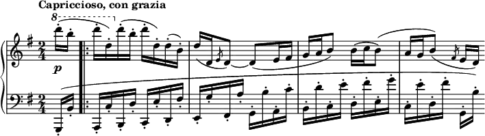 
\relative c'''' {
 \new PianoStaff <<
  \new Staff { \key g \major \time 2/4 \set Score.tempoHideNote = ##t \partial 8
   \tempo "Capriccioso, con grazia" 4=72
   \ottava #1 d16-. ( b-. \bar ".|:" d-. d,-.) \ottava #0 d-.( b-. d-. d,-.) d-.( b-.)
   d( d, \slashedGrace e8 d~) d( e16 fis g a b8) b16( c b8) (
   a16 g b8) ( \slashedGrace fis8 e16[ d] )
  }
  \new Dynamics {
   s8\p
  }
  \new Staff { \key g \major \time 2/4 \clef bass
   g,,,16-.( b'-. a,-. c'-. b,-. d'-. c,-. e'-. d,-. fis'-.
   e,-. g'-. fis,-. a'-. g,-. b'-. a,-. c'-.
   b,-. d'-. c,-. e'-. d,-. fis'-. e,-. g'-. c,,-. e'-. d,-. fis'-. g,,-.[ b'-.] )
  }
 >>
}

