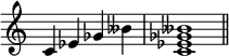 {\omit Staff.TimeSignature \time 4/4 c'4ees'ges'beses' \time 4/4 <c'ees'ges'beses'>1 \bar "||"}
