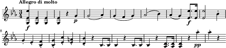 \version "2.18.2"
\relative c'' {
\key es \major
\time 3/4
\tempo "Allegro di molto"
\tempo 4 = 160
<g, es' es'>\f <g es'> <g es'>
<g es'> r g'4\p
g2 (aes4)
g (f g)
aes2 (bes4)
aes (g) <es es'>8.\f <es es'>16
<es es'>2 bes'4-. \break
g-. es-. <bes f'>-.
<bes g'>-. <es c'>-. <es a>-.
<d bes'>-. r bes8. bes16
bes4 r bes8. bes16
bes4 r <aes d>8. <aes d>16
<aes d>4 r aes''-.\pp
aes-. r
}