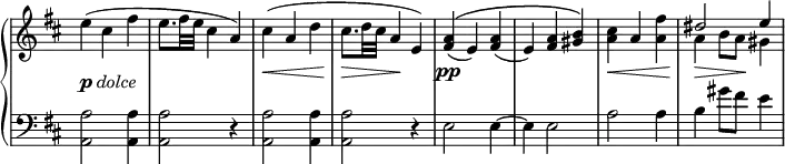 \relative c'' {
\new PianoStaff <<
\new Staff \with { \remove "Time_signature_engraver" } { \key d \major \time 3/4 \set Score.tempoHideNote = ##t \tempo "" 4=85
e4( cis fis e8. fis32 e cis4 a) cis( a d cis8. d32 cis a4 e)
<a fis>_( ^\( e) <a fis>_( e) <a fis> <b gis>\)
<cis a> a <fis' a,> << { dis2 e4 } \\ { a,4 b8 a gis4 } >>
}
\new Dynamics {
s4-\markup { \dynamic p \italic dolce } s2 s2. s\< s4\> s\! s
s\pp s2 s2. s\< s4\> s8 s\!
}
\new Staff \with { \remove "Time_signature_engraver" } { \key d \major \time 3/4 \clef bass
<a, a,>2 q4 q2 r4 q2 q4 q2 r4 e2 e4~ e e2 a2 a4 b gis'8 fis e4
}
>>
}