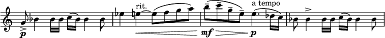 \relative c'' \new Staff \with { \remove "Time_signature_engraver" } {
\set Score.tempoHideNote = ##t \tempo "" 4=126 \key c \major \time 4/4
g8_> \p bes4 bes16 bes c( bes) bes4 bes8 es4 e~\< ^\markup rit. e8( f g a) b--\mf \>( c-- g-- e--)
e4.\p ^\markup { a tempo } ( des16 c) bes8 bes4^> bes16 bes c( bes) bes4 bes8
}
