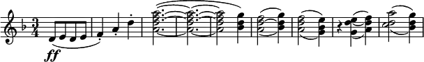\relative c' {
\time 3/4
\key d \minor
\partial 2
d8(\ff e d e | f4-.) a-. d-. | <a d f a>2.~( | <a d f a>~ | <a d f a>2 <bes d g>4) |
\set doubleSlurs = ##t
<a d~ f>2( <bes d g>4) | <a d f>2( <g bes e>4) | r <g d'_~ e>( <a d f>) | <c d a'>2( <bes d g>4)
}