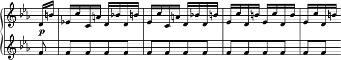 
 \relative c' {
  \new PianoStaff <<
   \new Staff \with { \remove "Time_signature_engraver" } { \key es \major \time 2/4 \partial 8
    d16 b' es,! c' c, a' d, bes'! d, b' es, c' c, a' d, bes'! d, b'
    es, c' d, b' es, c' d, b' es, c' d, b' 
   }
   \new Dynamics {
    s4\p
   }
   \new Staff \with { \remove "Time_signature_engraver" } { \key es \major \time 2/4 \partial 8
    f8 | f[ f f f] | f[ f f f] | f[ f f f] | f f
   }
  >>
 }

