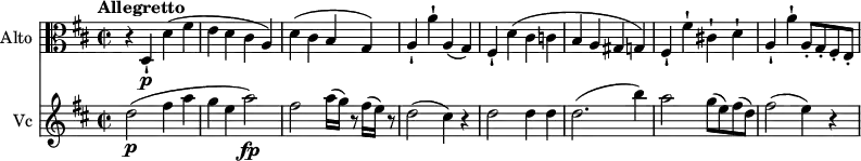 <<
\new Staff \with { instrumentName = #"Alto "}
\relative c {
\version "2.18.2"
\key d \major
\tempo "Allegretto"
\time 2/2
\tempo 4 = 170
\clef "alto"
r4 d-! \p d' (fis e d cis a)
d (cis b g)
a-! a'-! a, (g)
fis-! d' (cis c b a gis g)
fis-! fis'-! cis!-! d-!
a-! a'-! a,8-. g-. fis-. e-.
}
\new Staff \with { instrumentName = #"Vc "} \relative c'' {
\clef "bass"
\key d \major
\time 2/2
\clef "treble" d2\p (fis4 a g e a2\fp)
fis2 a16 (g) r8 fis16 (e) r8
d2 (cis4) r4
d2 d4 d
d2. (b'4)
a2 g8 (e) fis (d)
fis2 (e4) r4
}
>>