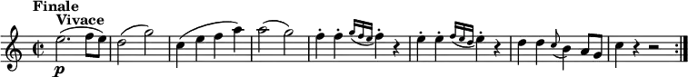 \version "2.18.2"
\relative c'' {
\key c \major
\time 2/2
\tempo "Finale "
\tempo 4 = 280
e2.^\markup {\bold Vivace} \p (f8 e)
d2 (g)
c,4 (e f a)
a2 (g)
f4-. f-. \acciaccatura { g16 f e } f4-. r
e-. e-. \acciaccatura { f16 e d } e4-. r
d d \grace c8 (b4) a8 g
c4 r r2 \bar ":|."
}