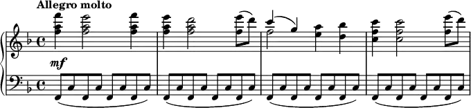 
 \relative c''' {
  \new PianoStaff <<
   \new Staff { \key f \major \set Score.tempoHideNote = ##t \tempo "Allegro molto" 2=140 \time 4/4
    <f a, f>4 <e a, f>2 <f a, f>4 <e a, f> <d a f>2 <e f,>8( d)
    <<  {  \voiceOne c4( g) }  \new Voice { \voiceTwo f2 } >> \stemNeutral <a e>4 <bes d,> <c f, c>4 <c f, c>2 <e f,>8( d)
   }
   \new Dynamics {
    s4-\mf
   }
   \new Staff { \key f \major \time 4/4 \clef bass
    f,,,,8( c' f, c' f, c' f, c') f,( c' f, c' f, c' f, c')
    f,( c' f, c' f, c' f, c') f,( c' f, c' f, c' f, c')
   }
  >>
 }
