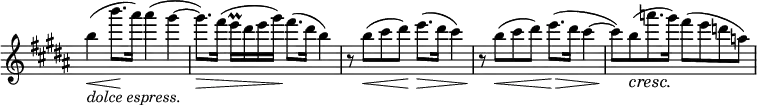 
\relative c''' \new Staff \with { \remove "Time_signature_engraver" } {
 \set Score.tempoHideNote = ##t \tempo "" 4=56 \key b \major \time 4/4
 b4_\markup { \italic { dolce espress. } } \< ( b'8.\! ais16) ais4( gis~
 gis8.) \> fis16( e^\prall dis e gis\! ) fis8.( dis16 b4)
 r8 b\< ( cis dis\! ) e8.\> ( dis16 cis4) r8\! b\< ( cis dis) e8.\> ( dis16 cis4~
 cis8\! ) [ b\cresc ( a'8.\! gis16] ) fis8( e d a)
}
