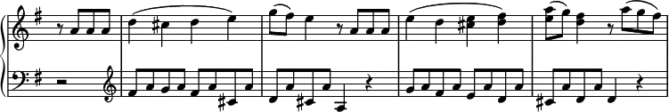 
 \relative c' {
  \new PianoStaff <<
   \new Staff \with { \remove "Time_signature_engraver" } { \key g \major \time 2/2 \partial 2
    r8 a' a a  d4( cis d e) g8( fis) e4 r8 a, a a e'4( d <e cis> <fis d>) <a e>8( g) <fis d>4 r8 a( g fis)
   }
   \new Staff \with { \remove "Time_signature_engraver" } { \key g \major \time 2/2 \clef bass \partial 2
    r2 \clef treble fis,8 a g a fis a cis, a' d, a' cis, a' a,4 r g'8 a fis a e a d, a' cis, a' d, a' d,4 r
   }
  >>
 }
