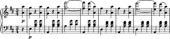\relative c' {
\new PianoStaff <<
\new Staff { \key b \minor \time 3/4
\set Score.tempoHideNote = ##t \tempo "" 2. = 56
\partial 4
<a' a'> <g g'> r <a a'> <g g'> r <a a'> <fis' fis'>2.~ <fis fis'>4 <e e'>( <a, a'>) fis' r <a a,> fis r <a a,> <e e'>2.~ <e e'>4 <d d'>( <a a'>)
}
\new Dynamics {
s\p
}
\new Staff { \key b \minor \time 3/4 \clef bass \partial 4
r4 e,\p <a cis g'> <a cis g'> a, <a' cis g'> <a cis g'> a <cis g'> <cis g'> a, <a' cis g'> <a cis g'> d, <a' d fis> <a d fis> a, <a' d fis> <a d fis> d, <a' d fis> <a d fis> a, <a' d fis> <a d fis>
}
>>
}