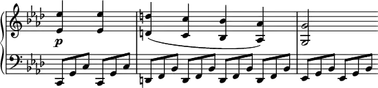 
 \relative c' {
  \new PianoStaff <<
   \new Staff \with { \remove "Time_signature_engraver" } { \key f \minor \time 2/2 \partial 2
    <es' es,>4 <es es,> <d d,>( <c c,> <bes bes,> <aes aes,>) <g g,>2
   }
   \new Dynamics {
    s4\p
   }
   \new Staff \with { \remove "Time_signature_engraver" } { \key f \minor \time 2/2 \clef bass
    c,,,8*2/3[ g' c] c, g' c | d,[ f bes] d, f bes d,[ f bes] d, f bes | es,[ g bes] es, g bes
   }
  >>
 }

