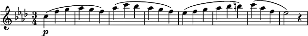 
\relative c' {
\key f \minor
\time 3/4
\tempo ""
\tempo 4 = 210
\set Staff.midiInstrument = "violin"
c'4\p ( f g
aes g f )
aes ( c bes
aes g f )
ees ( f g
aes bes b )
c ( aes f
ees2 ) r4
}
