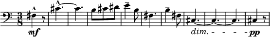 { \key c \major \time 3/8 \relative c
{\clef bass
\mf fis4-^ r8 cis'4.-^~4. b8 cis dis e4-- b8 fis4. b4-- fis8 cis4.\dim ~4.~4.|\pp ~4 r8}
}