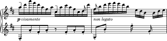 \new GrandStaff <<
  \new Staff {\key d \major \omit Staff.TimeSignature \time 4/4
<<
\relative d'' {a'4--_\markup {\center-align \dynamic p \italic vivamente} s4 cis,4-- s8 d8 fis8_\markup {\italic {non legato}}}
\\
\relative d'' {a'16[ d a' fis d a fis a] cis,[ a' cis a fis cis d d'] fis,[ b d e fis e d b] s e, d b s b d e}
>>
}
  \new Staff \relative d {\key d \major \omit Staff.TimeSignature  \time 4/4
fis8-. a'-. fis-. a-. r fis-. a-. fis-. g,-. b'-. s s fis'16-. s s s g,16-.
}
 >> 